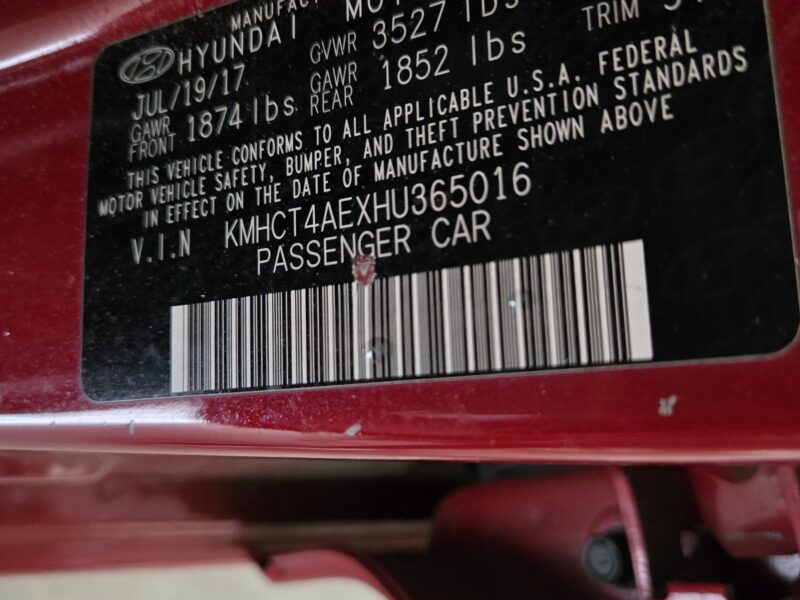 ONLINE PERSONAL PROPERTY AUCTION SUBJECT TO COURT CONFIRMATION: 2017 Hyundai Accent SE
